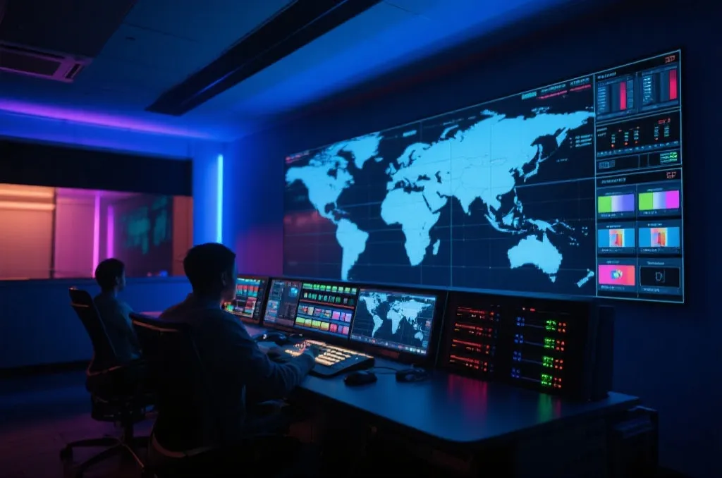 High-tech digital network control room monitoring global live video streams with dynamic server lights