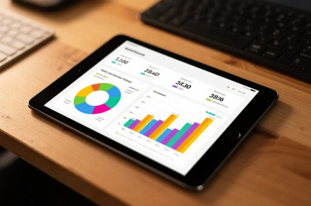 Tablet on a wooden desk displaying colorful sports analytics charts and professional statistics