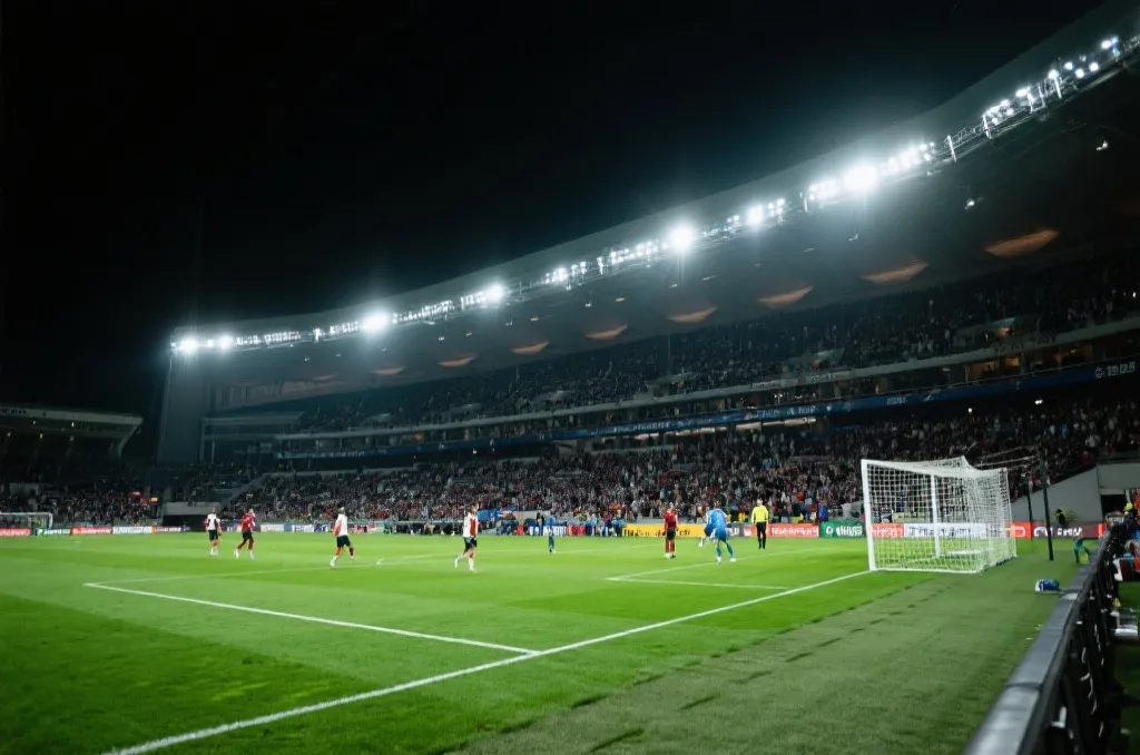 Dynamic action shot of a soccer match in a packed modern stadium under bright floodlights
