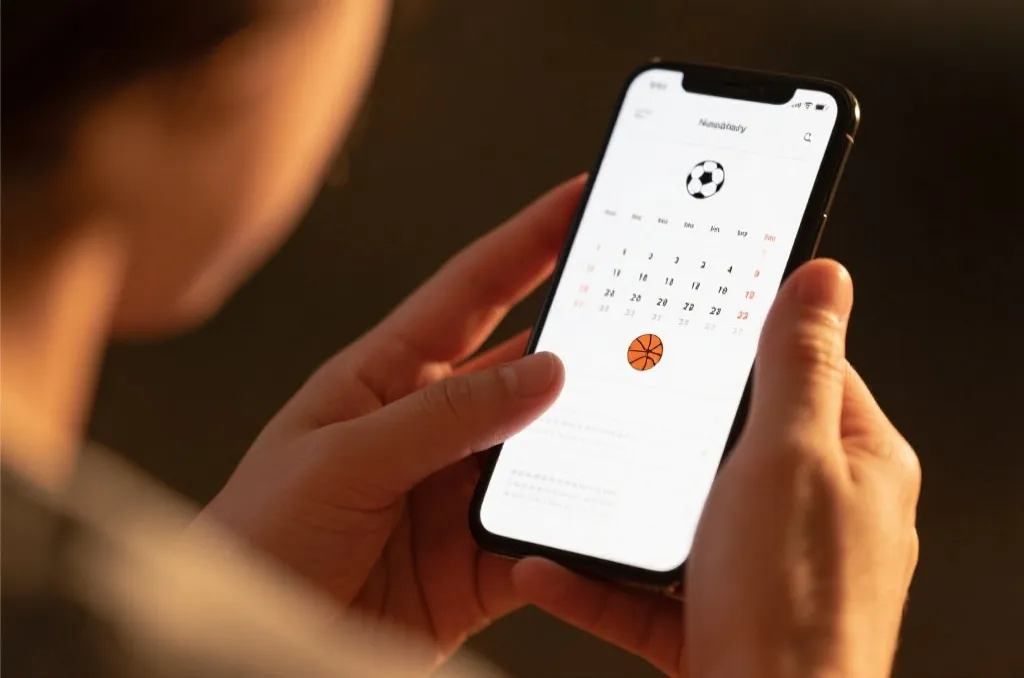 A close-up of a person holding a smartphone showing a sports calendar interface with football and basketball icons