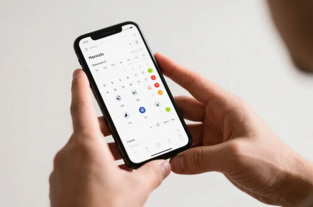Hands holding a smartphone showing a clean user interface with sports event schedule